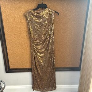 Anne Klein Gold Ruched Sequin Asymmetrical Gown